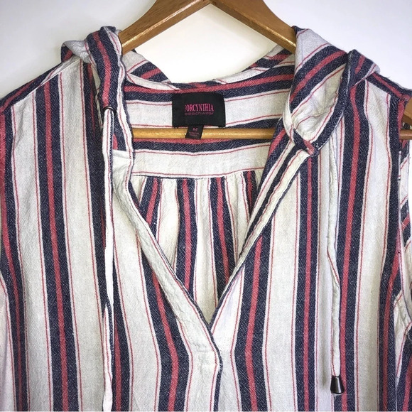 For Cynthia Coverup M Striped Blue/Red/White Pockets Hooded  Boho Hippy - Picture 5 of 10